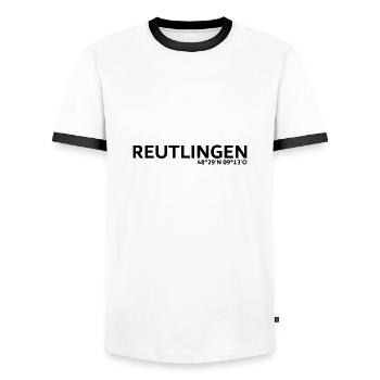 Reutlingen Koordinaten - Männer Kontrast-T-Shirt - Weiß/Schwarz - Vorne - AI Model Female 172 light (172cm) & AI Model Male 178 dark (178cm)