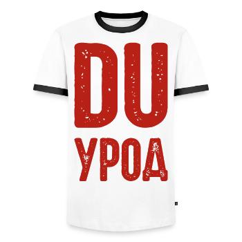Du Freak! Spruch auf Russisch Russak Russland für - Männer Kontrast-T-Shirt - Weiß/Schwarz - Vorne - AI Model Female 172 light (172cm) & AI Model Male 178 dark (178cm)