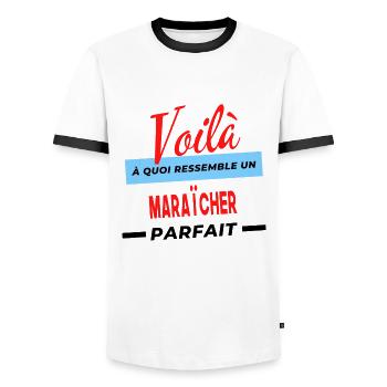 Voilà a quoi ressemble un MARAÎCHER Humour - T-shirt contrasté Homme - blanc/noir - Devant - AI Model Female 172 light (172cm) & AI Model Male 178 dark (178cm)