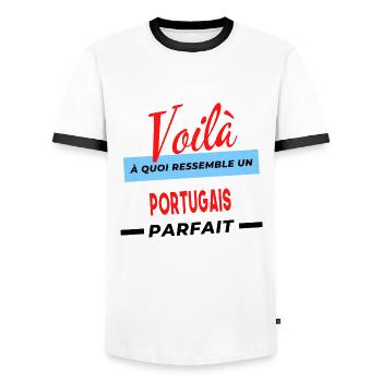 Voilà a quoi ressemble un PORTUGAIS Humour - T-shirt contrasté Homme - blanc/noir - Devant - AI Model Female 172 light (172cm) & AI Model Male 178 dark (178cm)