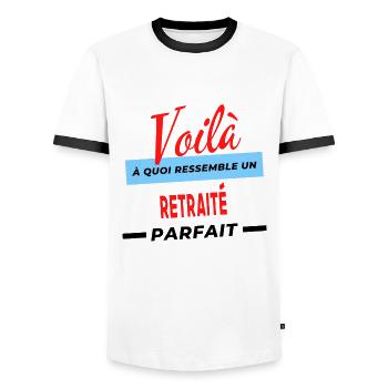Voilà a quoi ressemble un RETRAITÉ Humour - T-shirt contrasté Homme - blanc/noir - Devant - AI Model Female 172 light (172cm) & AI Model Male 178 dark (178cm)