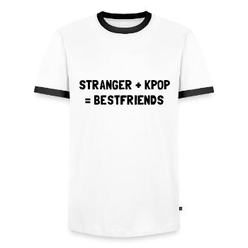STRANGER PLUS KPOP EQUALS BESTFRIENDS - Men's Ringer Shirt - white/black - Front - AI Model Female 172 light (172cm) & AI Model Male 178 dark (178cm)