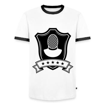 Fencing Mask Coat of Arms - Men's Ringer Shirt - white/black - Front - AI Model Female 172 light (172cm) & AI Model Male 178 dark (178cm)