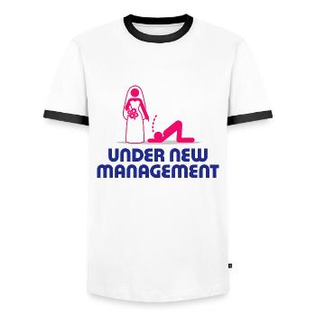 Under new management - Men's Ringer Shirt - white/black - Front - AI Model Female 172 light (172cm) & AI Model Male 178 dark (178cm)