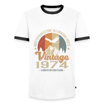 Vintage 1974 - Men's Ringer Shirt - white/black - Front - AI Model Female 172 light (172cm) & AI Model Male 178 dark (178cm)