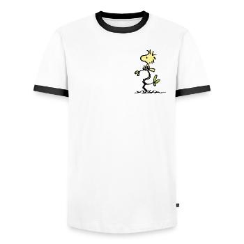 Peanuts Woodstock Brustmotiv - Männer Kontrast-T-Shirt - Weiß/Schwarz - Vorne - AI Model Female 172 light (172cm) & AI Model Male 178 dark (178cm)