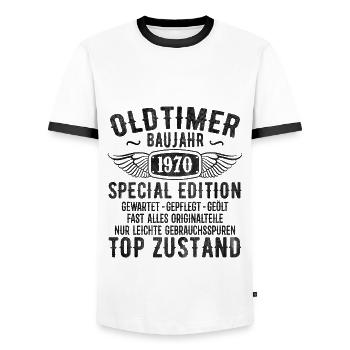 Cadeau d’anniversaire des années 1970 années 1970 année de construction - T-shirt contrasté Homme - blanc/noir - Devant - AI Model Female 172 light (172cm) & AI Model Male 178 dark (178cm)
