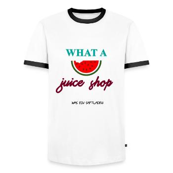 What a juice shop | Denglish | What a juice shop - Men's Ringer Shirt - white/black - Front - AI Model Female 172 light (172cm) & AI Model Male 178 dark (178cm)