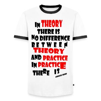 theory and practice - Men's Ringer Shirt - white/black - Front - AI Model Female 172 light (172cm) & AI Model Male 178 dark (178cm)