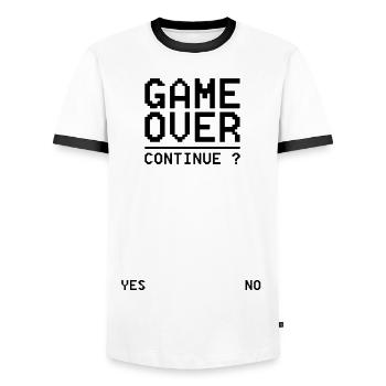 GAME OVER Continue S - Men's Ringer Shirt - white/black - Front - AI Model Female 172 light (172cm) & AI Model Male 178 dark (178cm)