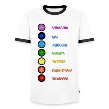 The 7 yoga spirituality chakras - Men's Ringer Shirt - white/black - Front - AI Model Female 172 light (172cm) & AI Model Male 178 dark (178cm)