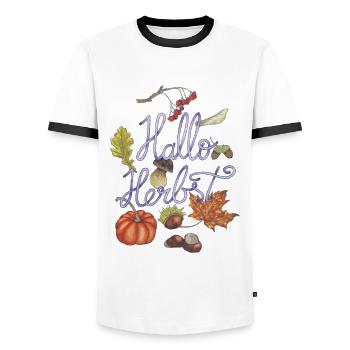 Bonjour l'automne avec des motifs de citrouille et d'automne - T-shirt contrasté Homme - blanc/noir - Devant - AI Model Female 172 light (172cm) & AI Model Male 178 dark (178cm)