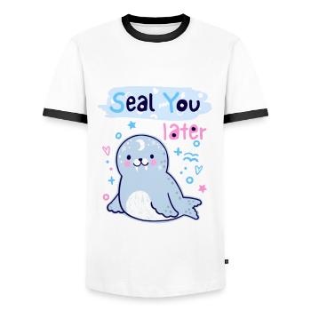Seal You Later. Cute Seal. Funny Puns. - Men's Ringer Shirt - white/black - Front - AI Model Female 172 light (172cm) & AI Model Male 178 dark (178cm)