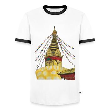 Stupa von Swayambhunath Kathmandu Nepal Buddhismus - Männer Kontrast-T-Shirt - Weiß/Schwarz - Vorne - AI Model Female 172 light (172cm) & AI Model Male 178 dark (178cm)