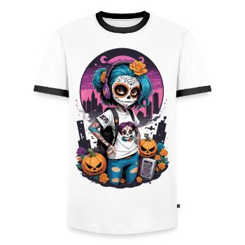 Sugar Skull Girl with Pumpkins - Men's Ringer Shirt - white/black - Front - AI Model Female 172 light (172cm) & AI Model Male 178 dark (178cm)