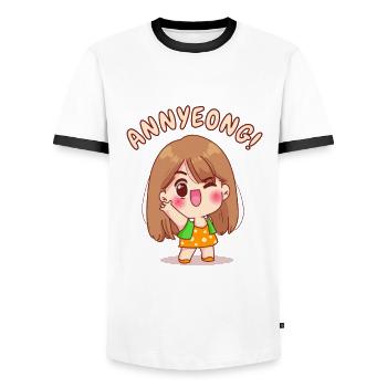 Annyeong. Kawaii Chibi Anime Girl. - Men's Ringer Shirt - white/black - Front - AI Model Female 172 light (172cm) & AI Model Male 178 dark (178cm)