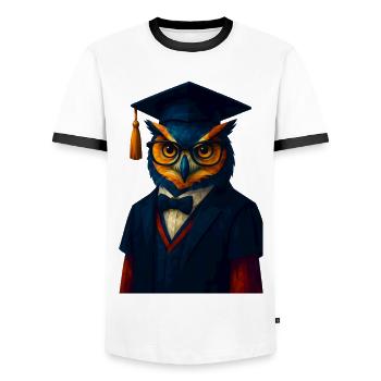 WPAP Stil Tier - Eule im Professoren-Outfit Fliege - Männer Kontrast-T-Shirt - Weiß/Schwarz - Vorne - AI Model Female 172 light (172cm) & AI Model Male 178 dark (178cm)