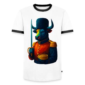 WPAP Style Animals - Bull in Uniform with Sabre - Men's Ringer Shirt - white/black - Front - AI Model Female 172 light (172cm) & AI Model Male 178 dark (178cm)