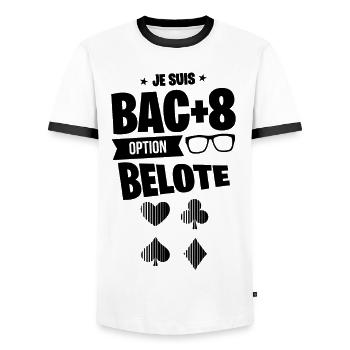 BAC+8 BELOTE idée cadeau joueur humour drôle - T-shirt contrasté Homme - blanc/noir - Devant - AI Model Female 172 light (172cm) & AI Model Male 178 dark (178cm)