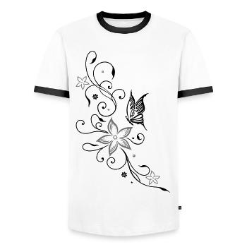Beautiful, filigree flowers with butterfly - Men's Ringer Shirt - white/black - Front - AI Model Female 172 light (172cm) & AI Model Male 178 dark (178cm)