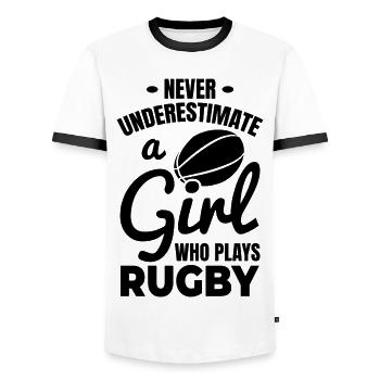 Rugby player - Men's Ringer Shirt - white/black - Front - AI Model Female 172 light (172cm) & AI Model Male 178 dark (178cm)
