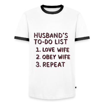 Husband's to-do list - Men's Ringer Shirt - white/black - Front - AI Model Female 172 light (172cm) & AI Model Male 178 dark (178cm)