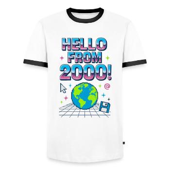 Hallo aus der Retro Neon Erde der 2000er Jahre - Männer Kontrast-T-Shirt - Weiß/Schwarz - Vorne - AI Model Female 172 light (172cm) & AI Model Male 178 dark (178cm)