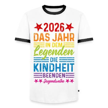 2026 The Year Legends End Childhood - Men's Ringer Shirt - white/black - Front - AI Model Female 172 light (172cm) & AI Model Male 178 dark (178cm)
