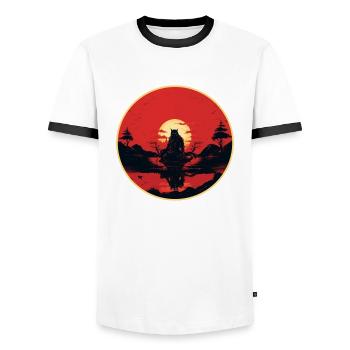 Funny Black Ninja Cat Silhouette Ninja Cat Time - Men's Ringer Shirt - white/black - Front - AI Model Female 172 light (172cm) & AI Model Male 178 dark (178cm)