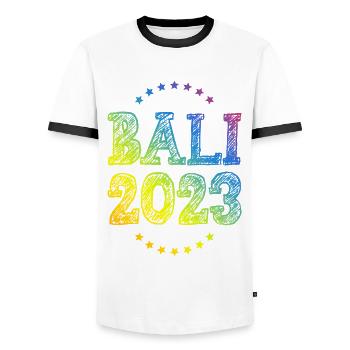 Bali 2023 - Männer Kontrast-T-Shirt - Weiß/Schwarz - Vorne - AI Model Female 172 light (172cm) & AI Model Male 178 dark (178cm)