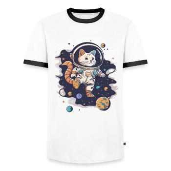 Katzenartige Weltraum-Abenteurerin - Männer Kontrast-T-Shirt - Weiß/Schwarz - Vorne - AI Model Female 172 light (172cm) & AI Model Male 178 dark (178cm)