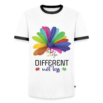 Different Not Less Flower April Autism Awareness - Men's Ringer Shirt - white/black - Front - AI Model Female 172 light (172cm) & AI Model Male 178 dark (178cm)