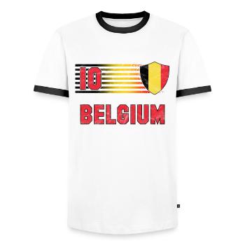 Belgien Fußball Mannschaft - Männer Kontrast-T-Shirt - Weiß/Schwarz - Vorne - AI Model Female 172 light (172cm) & AI Model Male 178 dark (178cm)
