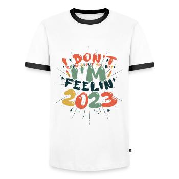 Feeling 2023 Hello 2023 Happy New Year - Men's Ringer Shirt - white/black - Front - AI Model Female 172 light (172cm) & AI Model Male 178 dark (178cm)