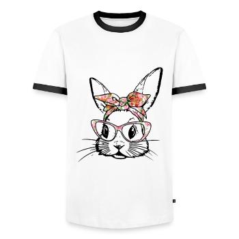 Easter bunny with floral pattern headband Easter - Men's Ringer Shirt - white/black - Front - AI Model Female 172 light (172cm) & AI Model Male 178 dark (178cm)