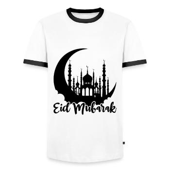 Eid Mubarak Mosque Silhouette Crescent Moon Celebration - Men's Ringer Shirt - white/black - Front - AI Model Female 172 light (172cm) & AI Model Male 178 dark (178cm)