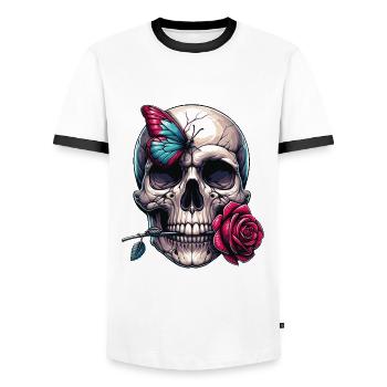 Skull with red rose and butterfly - Men's Ringer Shirt - white/black - Front - AI Model Female 172 light (172cm) & AI Model Male 178 dark (178cm)