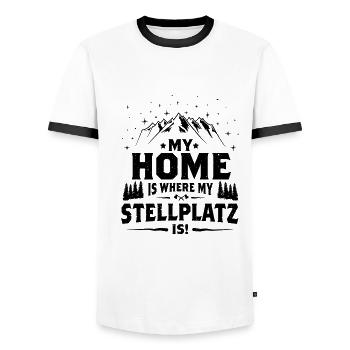 My Home is where my pitch is! - Men's Ringer Shirt - white/black - Front - AI Model Female 172 light (172cm) & AI Model Male 178 dark (178cm)