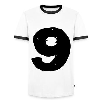 9 Zahl Trikot - Männer Kontrast-T-Shirt - Weiß/Schwarz - Vorne - AI Model Female 172 light (172cm) & AI Model Male 178 dark (178cm)