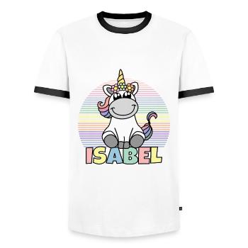 Isabel Unicorn Name - Men's Ringer Shirt - white/black - Front - AI Model Female 172 light (172cm) & AI Model Male 178 dark (178cm)
