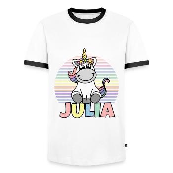 Nom de la licorne Julia - T-shirt contrasté Homme - blanc/noir - Devant - AI Model Female 172 light (172cm) & AI Model Male 178 dark (178cm)