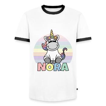 Nora Unicorn Name - Men's Ringer Shirt - white/black - Front - AI Model Female 172 light (172cm) & AI Model Male 178 dark (178cm)