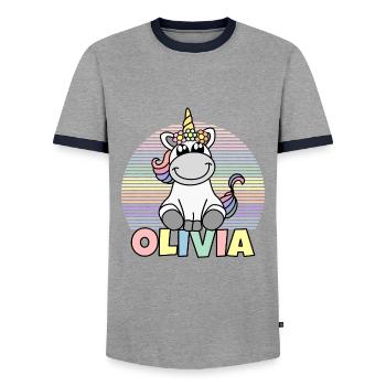 Olivia Unicorn Name - Men's Ringer Shirt - grey/navy  - Front - AI Model Female 172 light (172cm) & AI Model Male 178 light (178cm)