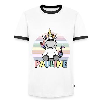 Nom de la licorne Pauline - T-shirt contrasté Homme - blanc/noir - Devant - AI Model Female 172 light (172cm) & AI Model Male 178 dark (178cm)