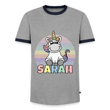 Nom de la licorne Sarah - T-shirt contrasté Homme - gris/marine  - Devant - AI Model Female 172 light (172cm) & AI Model Male 178 light (178cm)