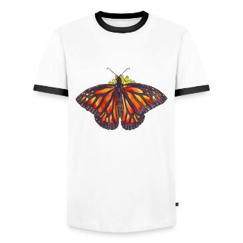 Monarch-Schmetterling auf einer Blume mit offenen Flügeln - Männer Kontrast-T-Shirt - Weiß/Schwarz - Vorne - AI Model Female 172 light (172cm) & AI Model Male 178 dark (178cm)