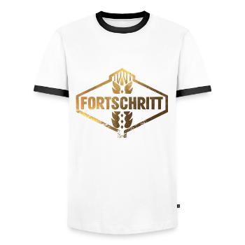 FORTSCHRITT DDR Landmaschinen Vintage Gold - Männer Kontrast-T-Shirt - Weiß/Schwarz - Vorne - AI Model Female 172 light (172cm) & AI Model Male 178 dark (178cm)
