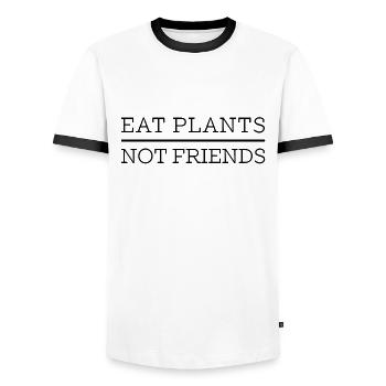 Eat Plants Not Friends - Men's Ringer Shirt - white/black - Front - AI Model Female 172 light (172cm) & AI Model Male 178 dark (178cm)
