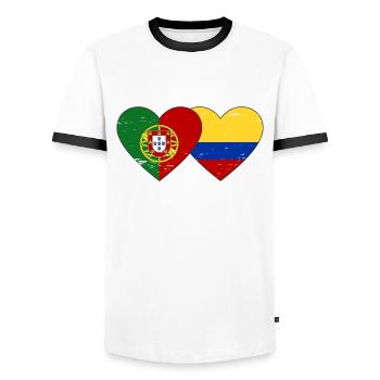 Portugal Colombie Drapeau Coeur Utilisé - T-shirt contrasté Homme - blanc/noir - Devant - AI Model Female 172 light (172cm) & AI Model Male 178 dark (178cm)
