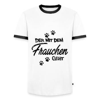 Der mit dem Frauchen geht - Männer Kontrast-T-Shirt - Weiß/Schwarz - Vorne - AI Model Female 172 light (172cm) & AI Model Male 178 dark (178cm)